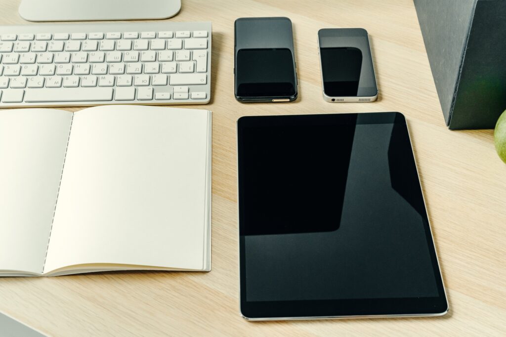 Close up shot of digital devices on office table